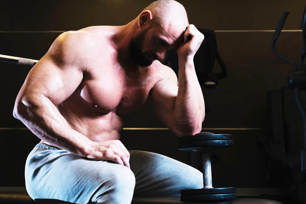 Muscular man showing fatigue, related to low testosterone.