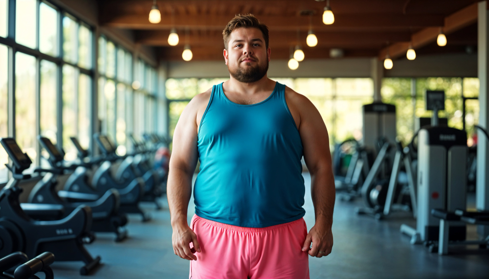 Overweight man in blue tank top and pink shorts at gym.