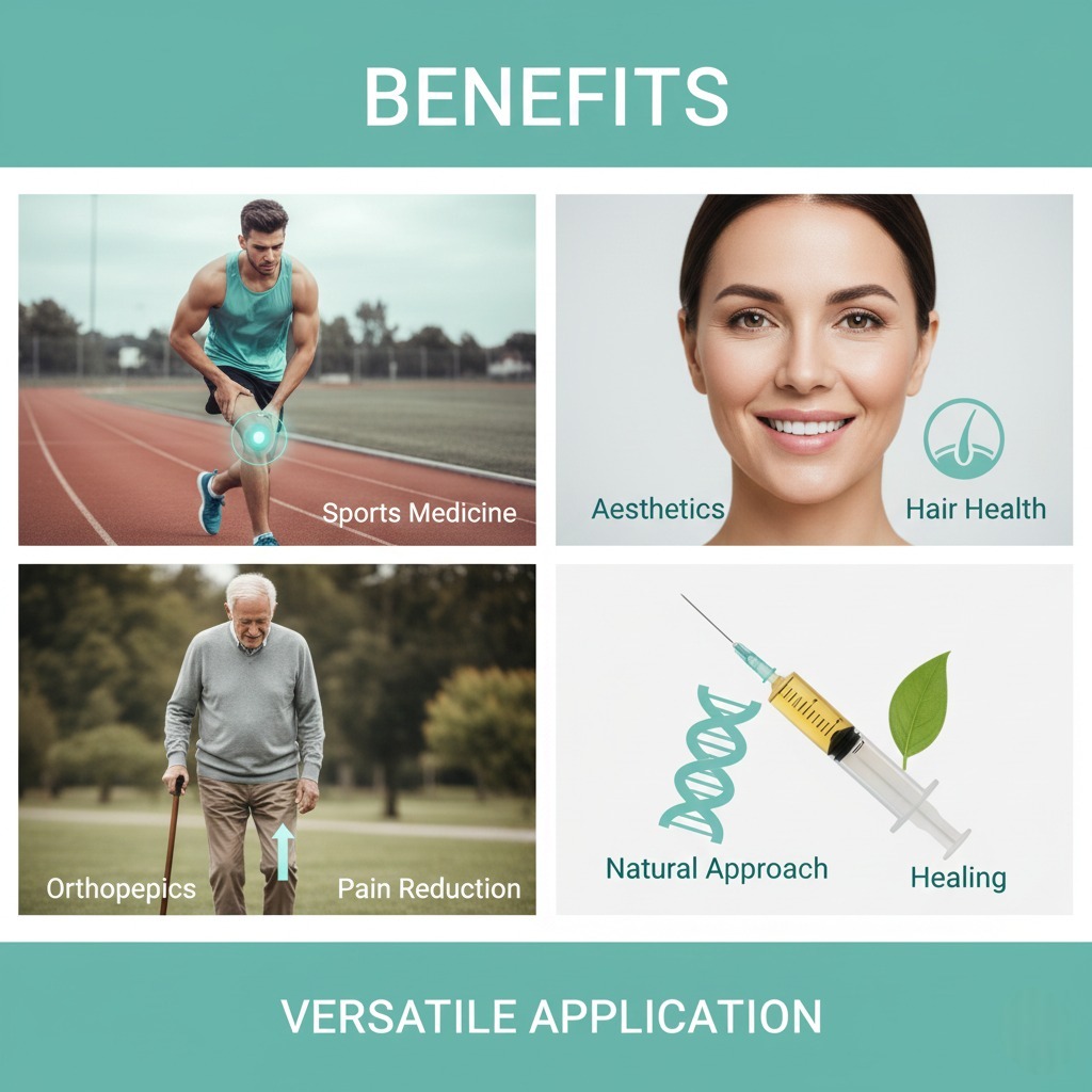 A four-panel infographic titled "BENEFITS" and "VERSATILE APPLICATION" showing an athlete (Sports Medicine), a woman (Aesthetics/Hair Health), an elderly man (Orthopedics/Pain Reduction), and a medical syringe (Natural Approach/Healing).