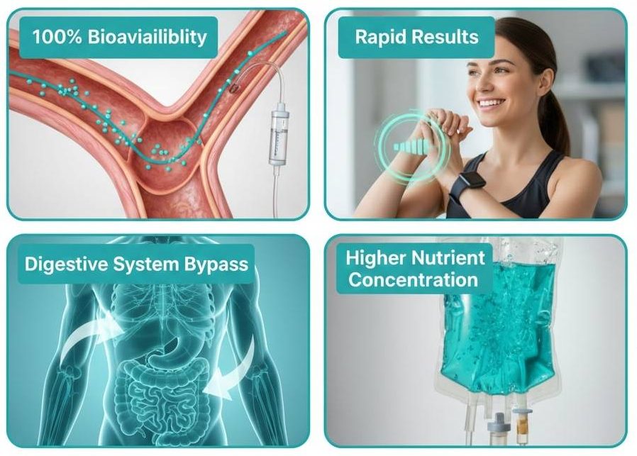 A four-panel infographic: 1) "100% Bioavailability" showing nutrients entering a vein; 2) "Rapid Results" with a smiling woman; 3) "Digestive System Bypass" with an anatomical view of the torso; 4) "Higher Nutrient Concentration" showing an IV bag.
