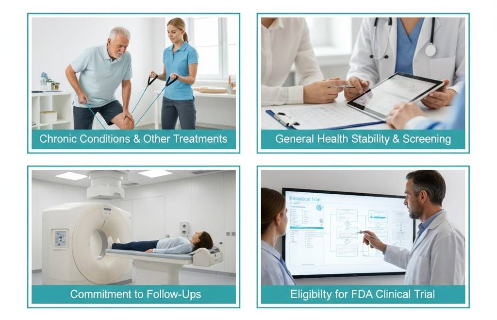 A four-panel infographic detailing the screening process for regenerative treatments. The top-left panel shows a clinician and patient discussing "Chronic Conditions & Other Treatments." The top-right panel focuses on "General Health Stability & Screening" with a doctor and patient reviewing a digital tablet. The bottom-left panel highlights "Commitment to Follow-Ups" featuring a patient undergoing a diagnostic scan. The bottom-right panel displays "Eligibility for FDA Clinical Trial" with a specialist pointing at a complex flow chart on a large digital screen.
