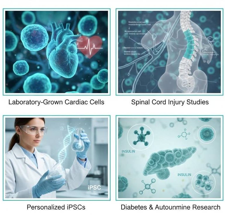 A four-panel infographic illustrating scientific breakthroughs. 1) "Laboratory-Grown Cardiac Cells" showing a glowing teal heart surrounded by cells; 2) "Spinal Cord Injury Studies" displaying a 3D translucent human torso with a highlighted spine; 3) "Personalized iPSCs" featuring a scientist in safety glasses examining a DNA strand and lab flask; 4) "Diabetes & Autoimmune Research" showing microscopic insulin-producing structures.