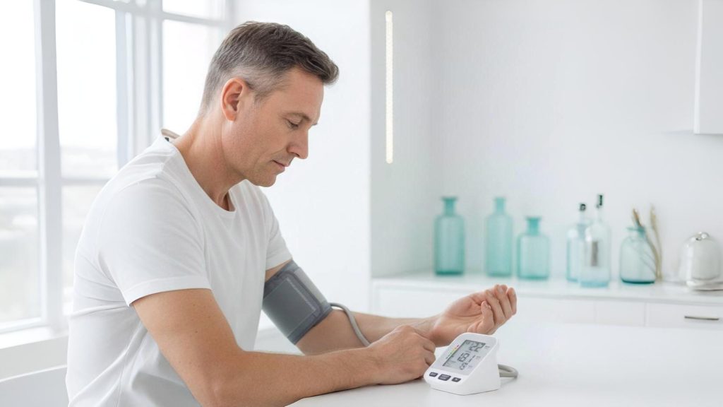 Man checking his blood pressure at home