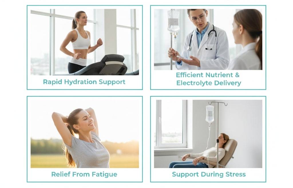A four-panel infographic highlighting IV benefits: 1) "Rapid Hydration Support" showing a woman running; 2) "Efficient Nutrient & Electrolyte Delivery" showing a doctor reviewing a chart; 3) "Relief From Fatigue" showing a woman resting; 4) "Support During Stress" showing a patient receiving an IV.