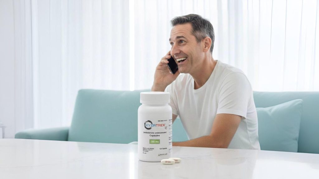 Man on the phone next to TRT medication