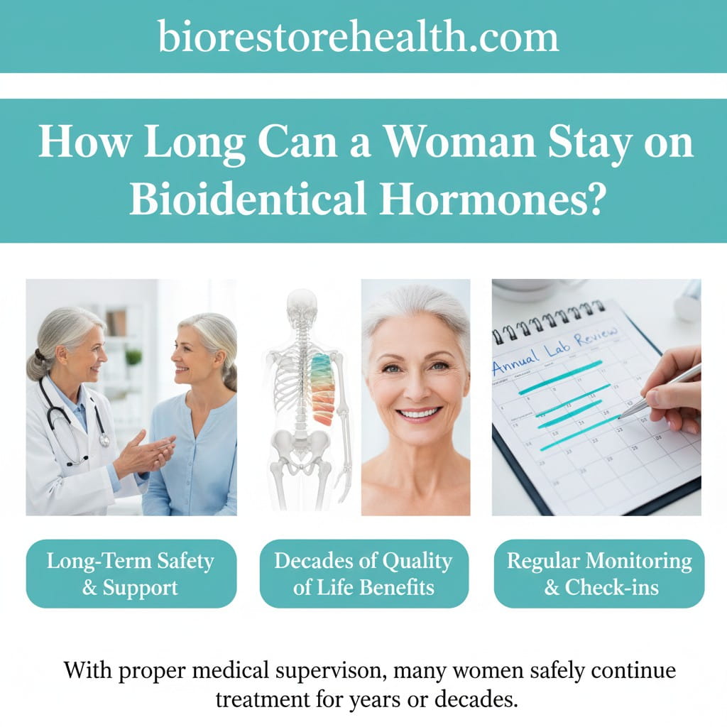 An infographic titled "How Long Can a Woman Stay on Bioidentical Hormones?" from biorestorehealth.com. It features three sections: 'Long-Term Safety & Support' showing a consultation, 'Decades of Quality of Life Benefits' with a skeletal and anatomical diagram, and 'Regular Monitoring & Check-ins' showing an annual lab review calendar.