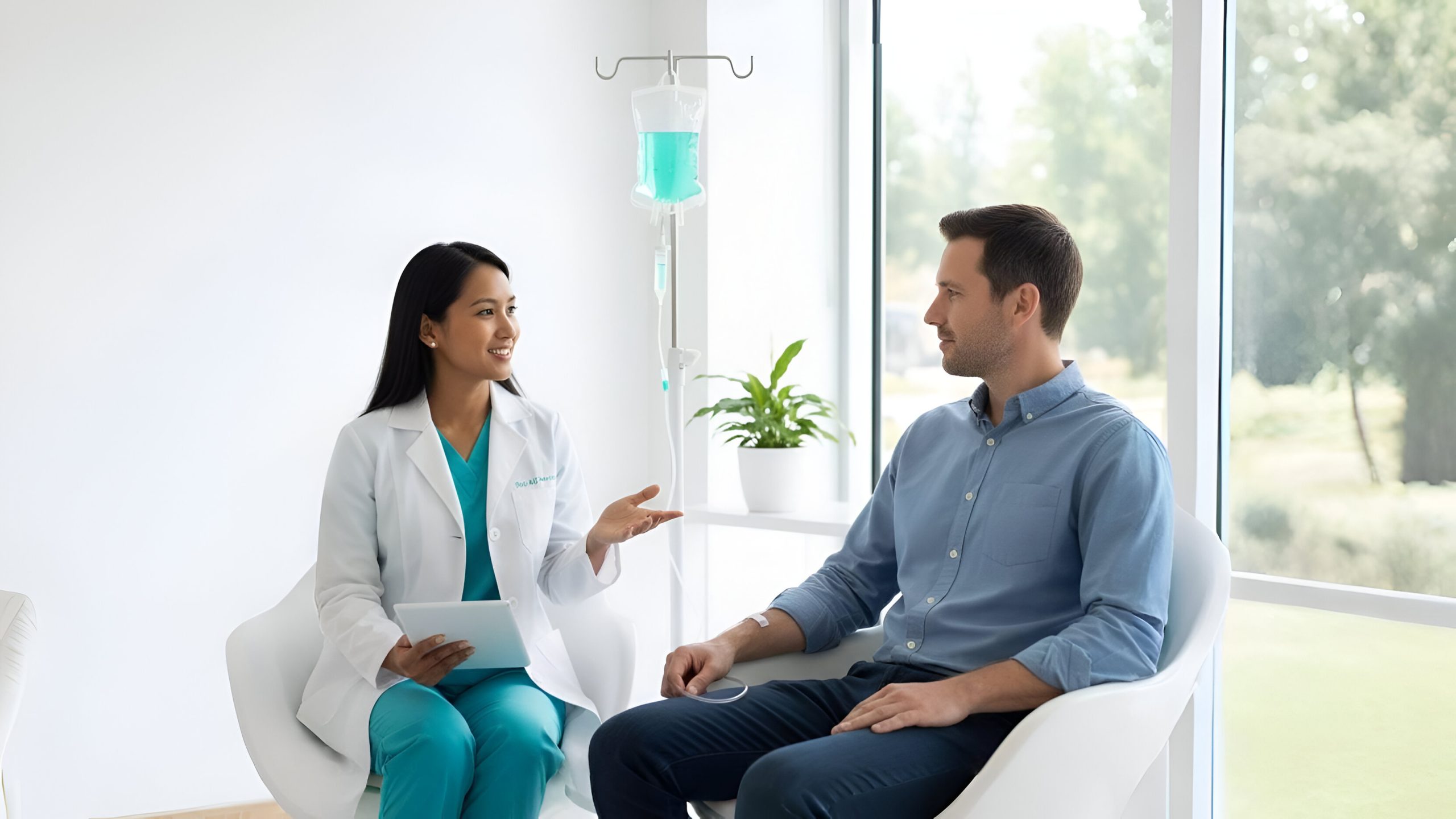 A female doctor in a white coat explains IV treatment options to a male patient in a bright, modern clinic. An IV bag with teal fluid hangs between them.
