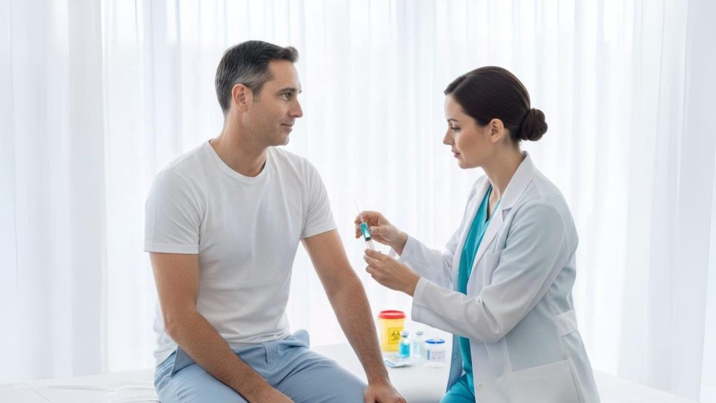 Doctor and man with a syringe.