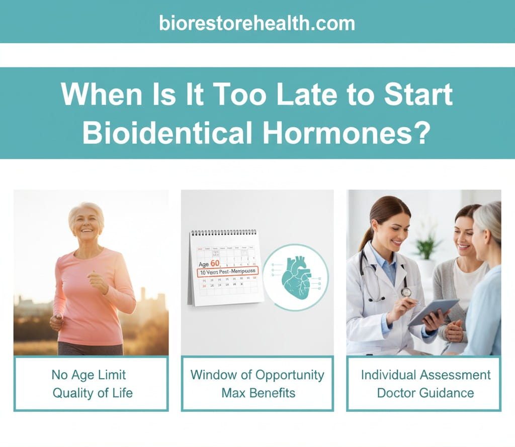 A three-panel infographic titled "When Is It Too Late to Start Bioidentical Hormones?" from biorestorehealth.com. The panels show a woman jogging outdoors, a calendar alongside a heart icon labeled 'Window of Opportunity', and a healthcare professional consulting with two patients.