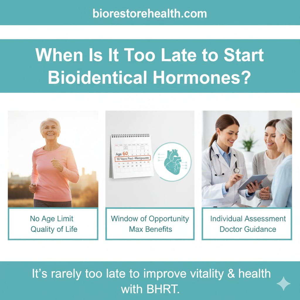 A three-panel infographic titled "When Is It Too Late to Start Bioidentical Hormones?" from biorestorehealth.com. The panels show a woman jogging outdoors, a calendar alongside a heart icon labeled 'Window of Opportunity', and a healthcare professional consulting with two patients.