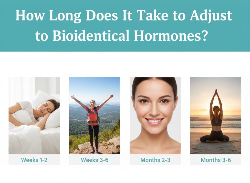 A four-panel infographic titled "How Long Does It Take to Adjust to Bioidentical Hormones?" It features photos showing a person sleeping soundly (Weeks 1-2), a woman hiking joyfully (Weeks 3-6), a close-up of a smiling face (Months 2-3), and a person practicing yoga on a beach at sunset (Months 3-6).