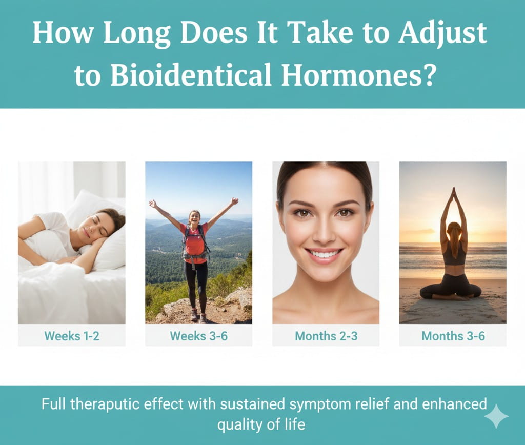 A four-panel infographic titled "How Long Does It Take to Adjust to Bioidentical Hormones?" It features photos showing a person sleeping soundly (Weeks 1-2), a woman hiking joyfully (Weeks 3-6), a close-up of a smiling face (Months 2-3), and a person practicing yoga on a beach at sunset (Months 3-6).