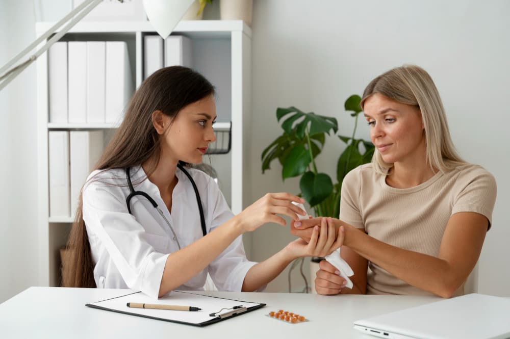 doctor showing the hormone therapy meds to the patient