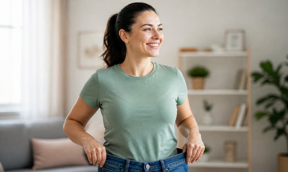 Woman happy for her weight loss progress