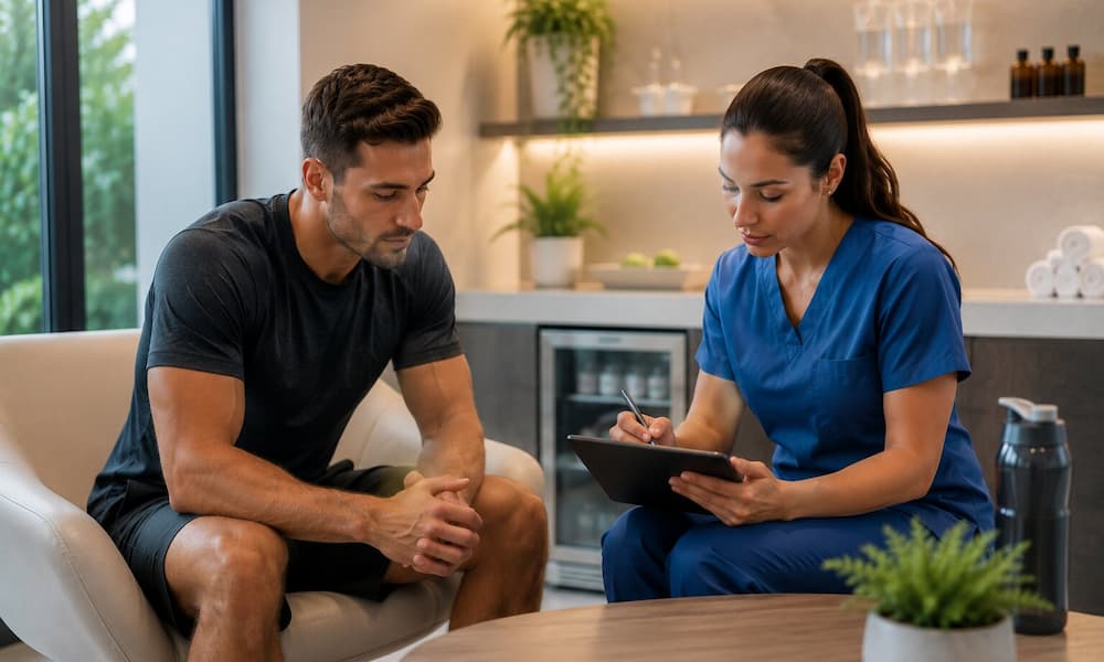 Athlete consulting with a medical professional in a modern wellness clinic.