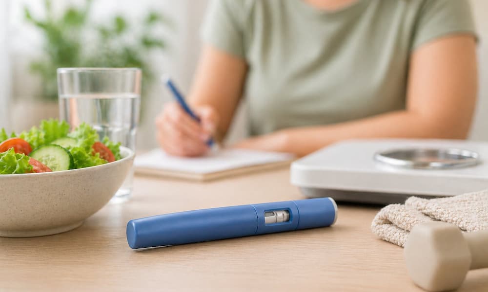 GLP-1 injection pen on a table with healthy food, water, scale, and person writing in the background