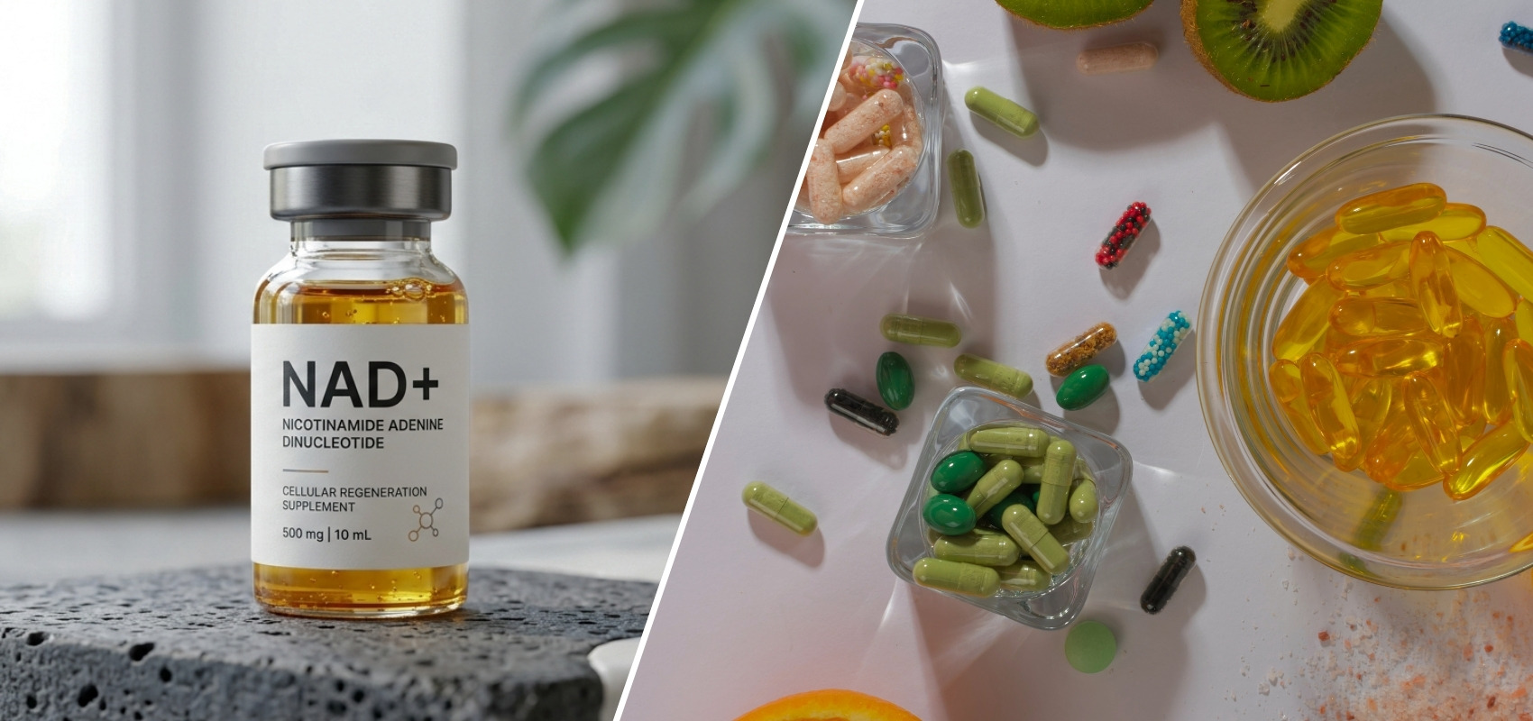 an NAD+ supplement vial next to various vitamins
