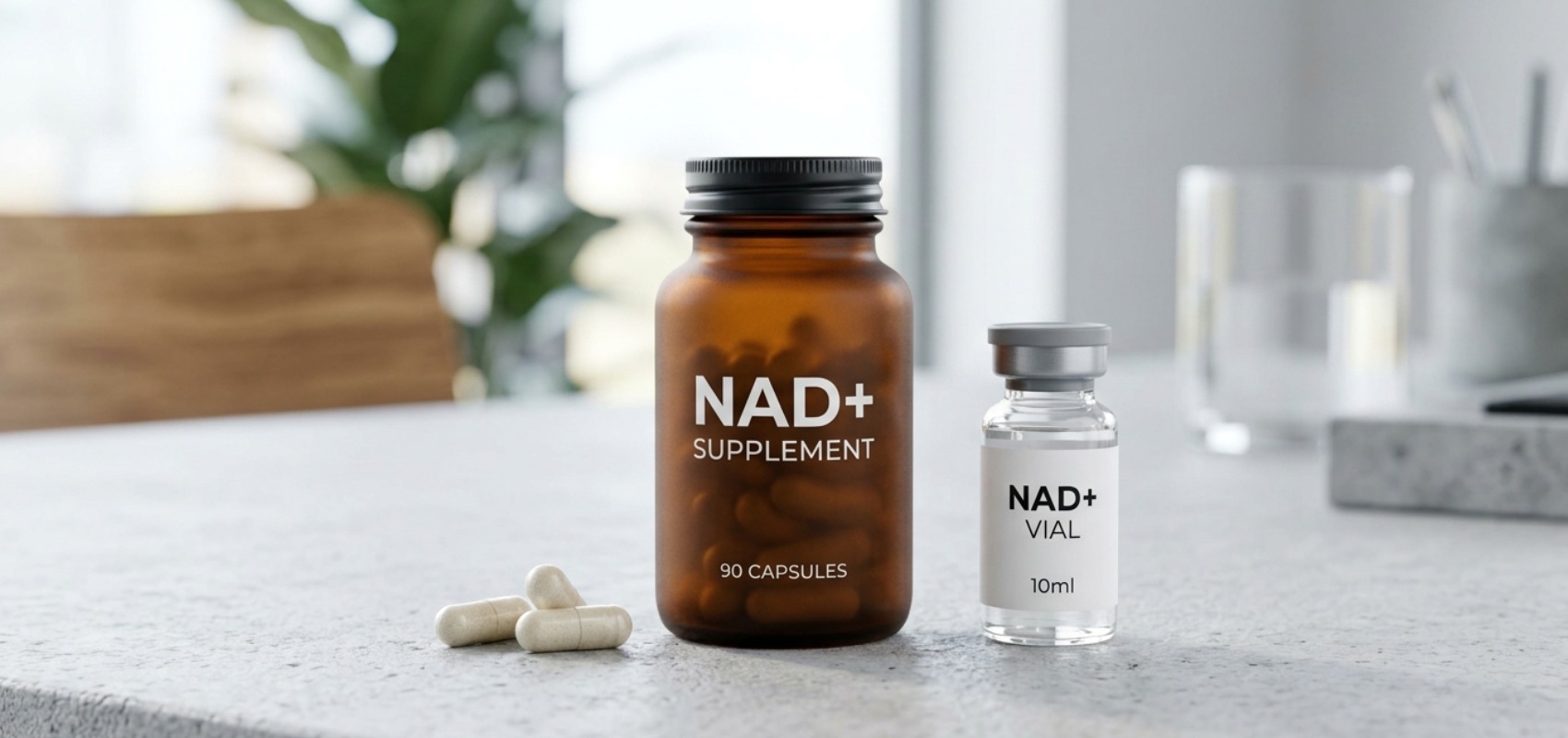 bottle of NAD+ capsules sitting next to an NAD+ injection vial