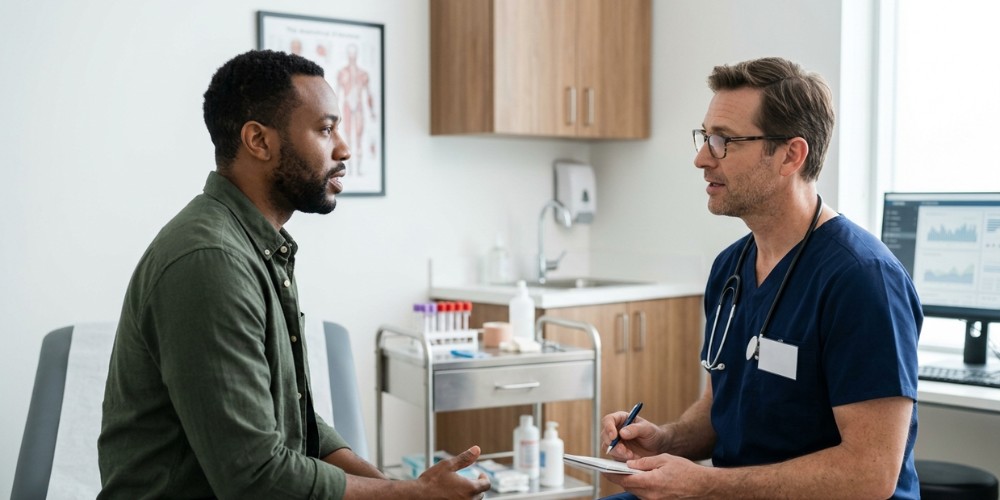 A male healthcare provider in blue scrubs and glasses