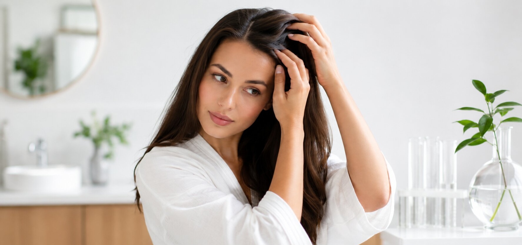 woman checking hair health