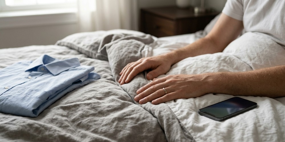 A close-up view of a man sitting up in bed