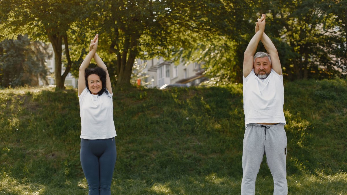 A senior couple practicing yoga in a sunny park, promoting fitness and healthy living.