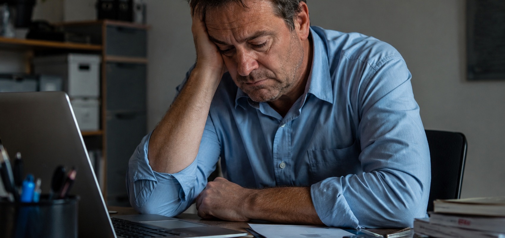 Tired middle-aged man leaning his head on his hand while sitting at a des