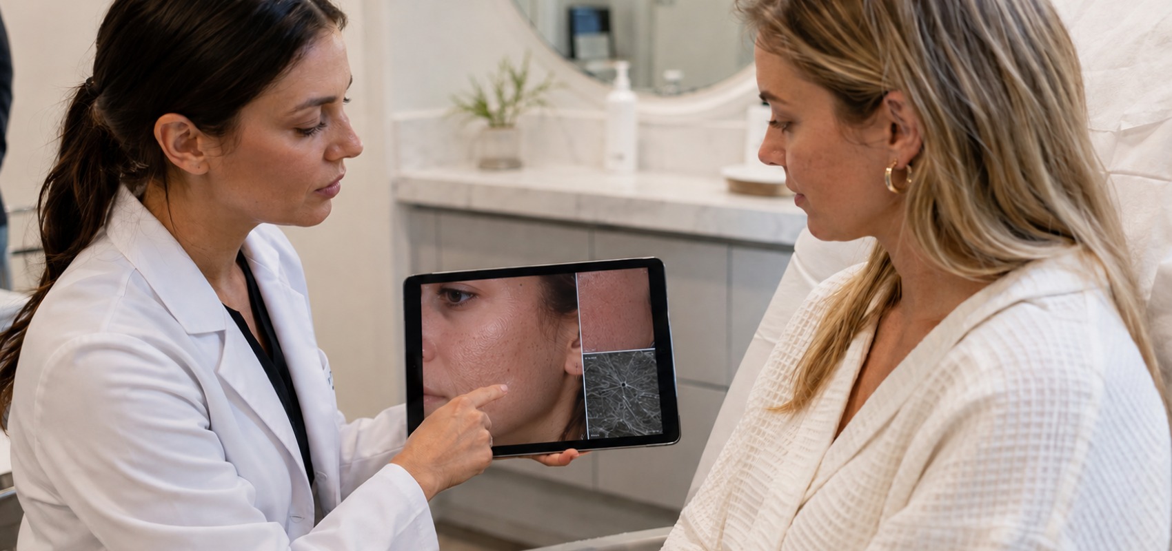 showing a skincare professional discussing microneedling treatment with a female patient