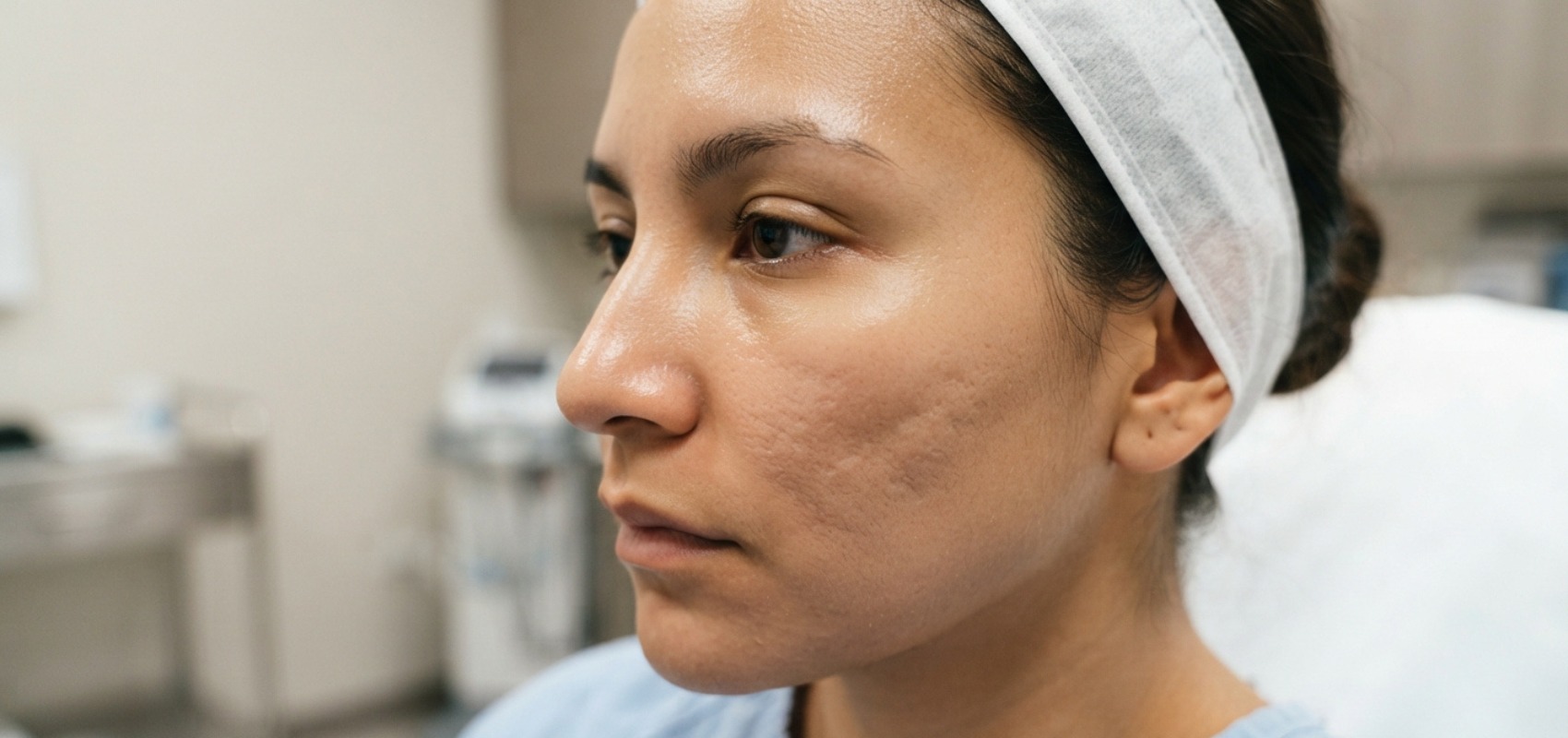 patient's cheek showing textural improvement in acne scarring