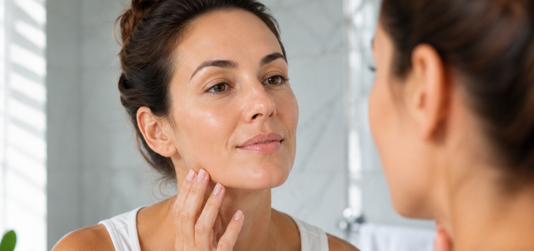 a woman in her 30s examining clear, smooth skin