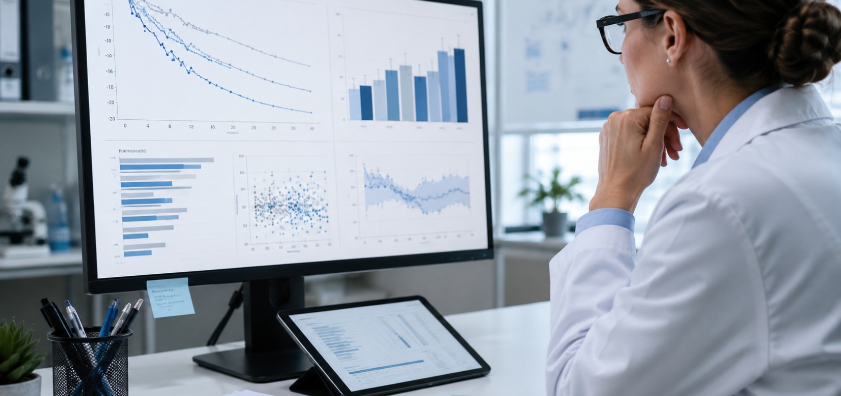 researcher reviewing anonymized clinical trial results
