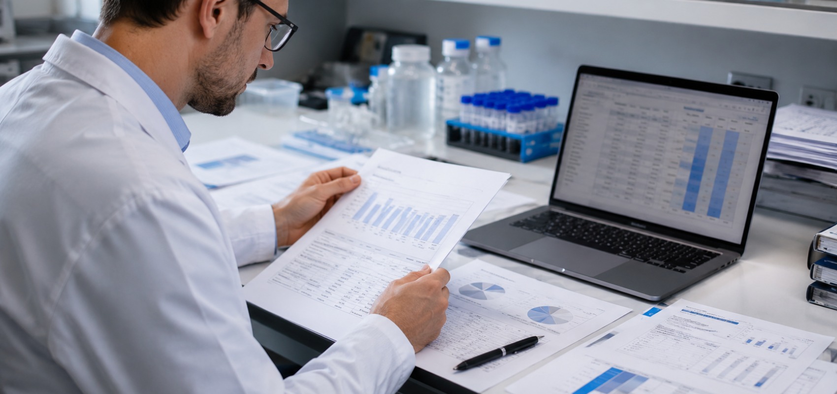 medical researcher reviewing printed clinical research data