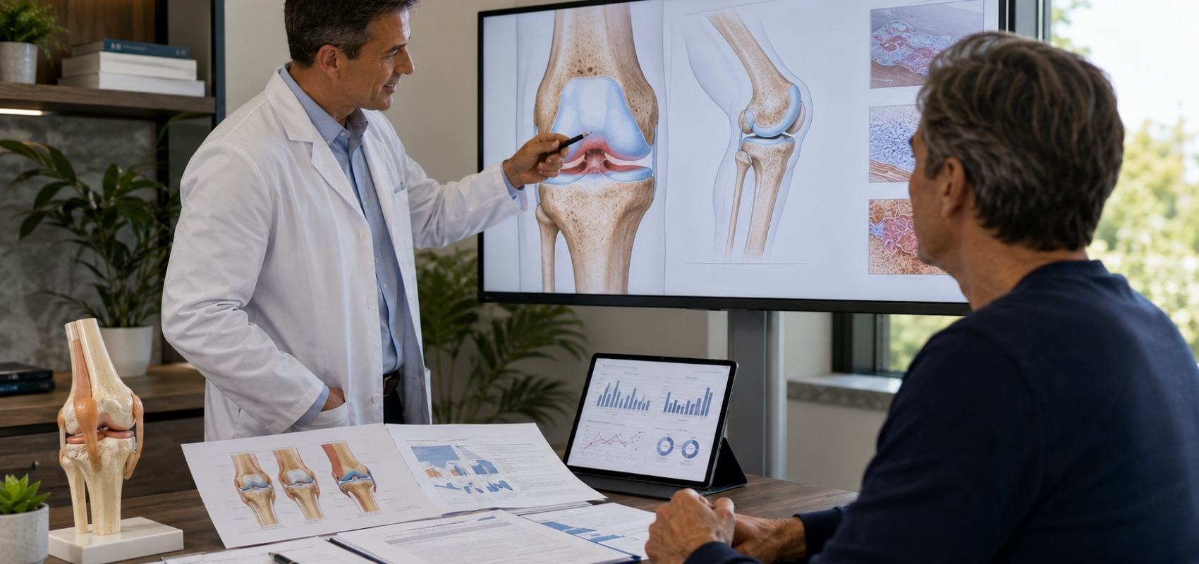 showing a physician and patient discussing research on stem cell therapy for knee pain