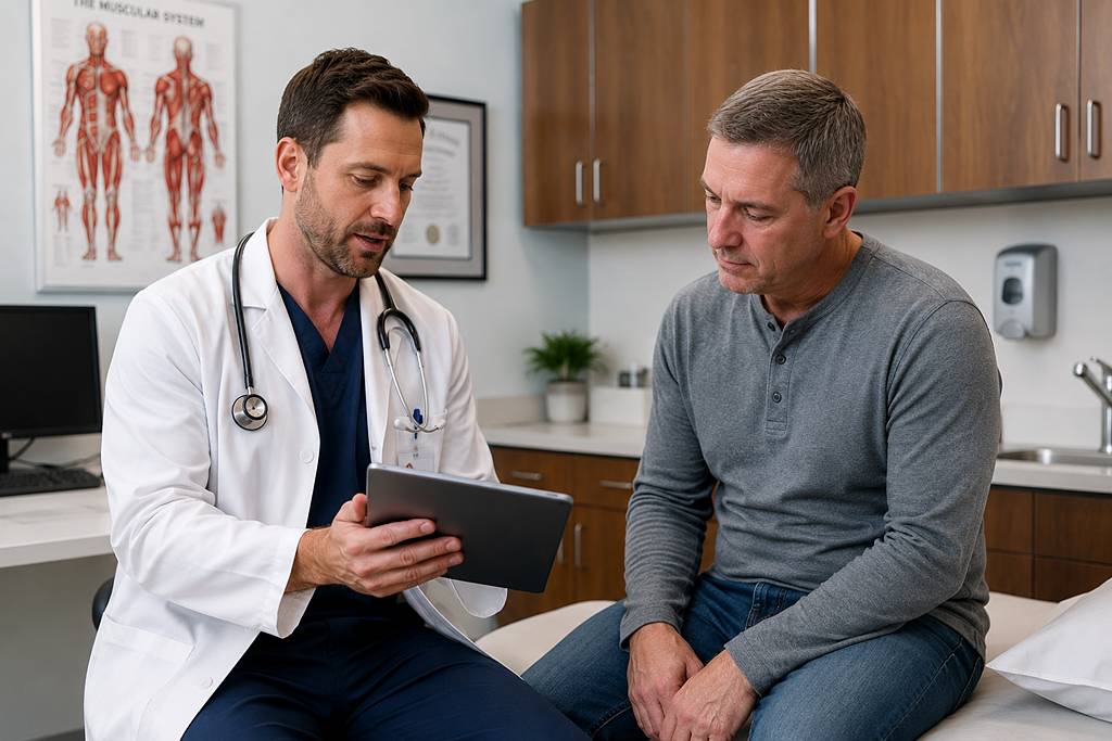 A clinician reviewing lab results on a tablet with a male patient, both seated in a clean, modern medical office with natural lighting.