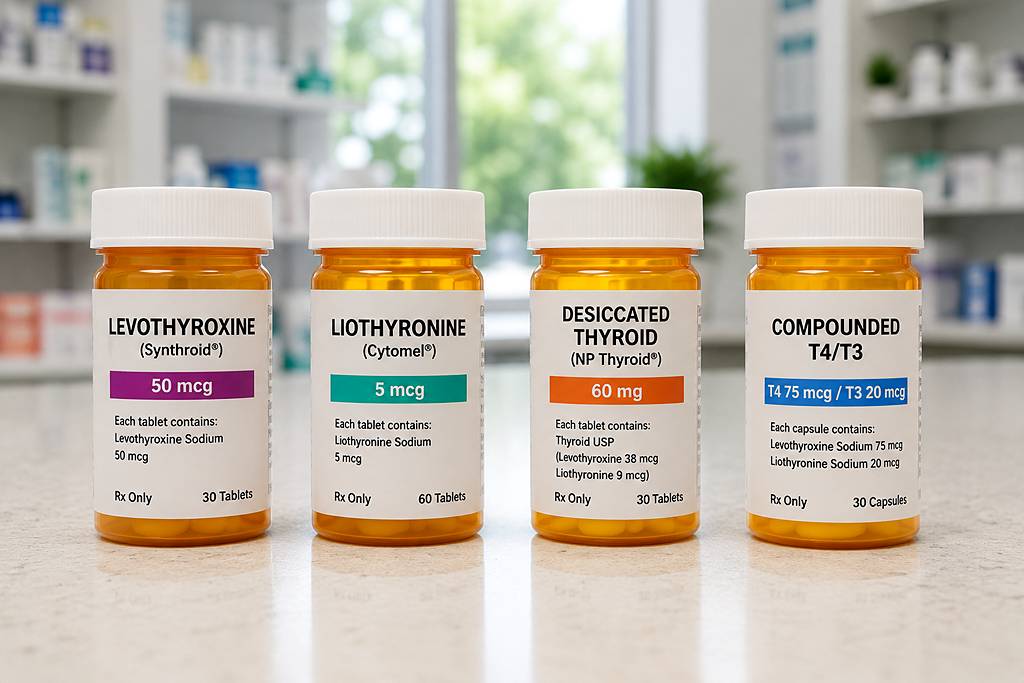 A lineup of different thyroid medication bottles and pill formats on a pharmacy counter, showing labeled prescription containers.