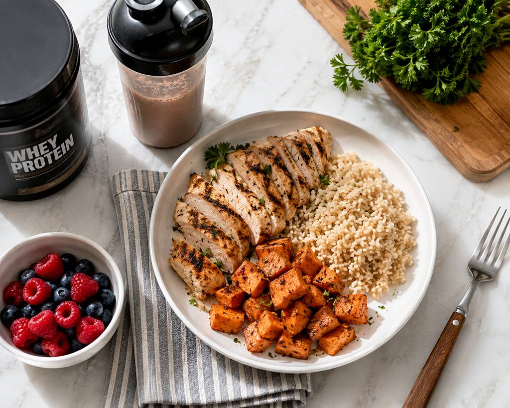 A meal prep spread showing grilled chicken, brown rice, sweet potatoes, and a protein shake on a kitchen counter after a workout.