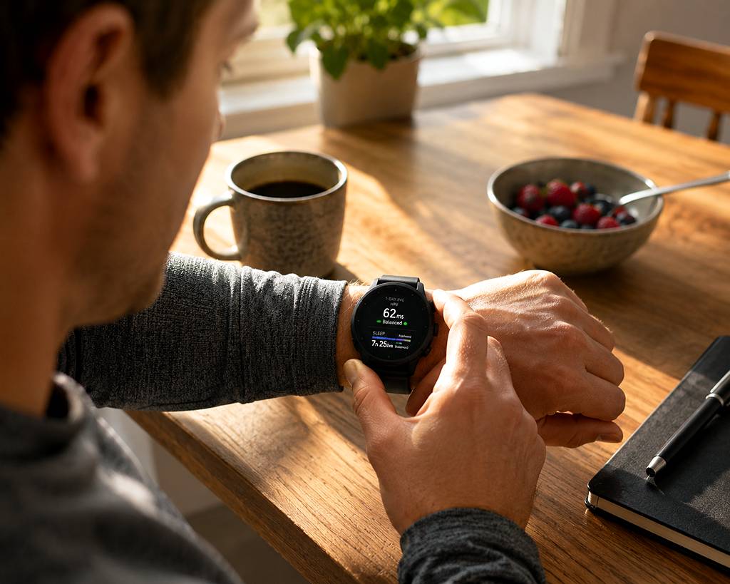 A person reviewing their HRV and sleep data on a smartwatch app, seated at a kitchen table with morning light in the background.