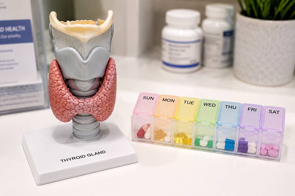 An anatomical illustration of the thyroid gland positioned on the neck, shown alongside a daily pill organizer representing hormone replacement medication.