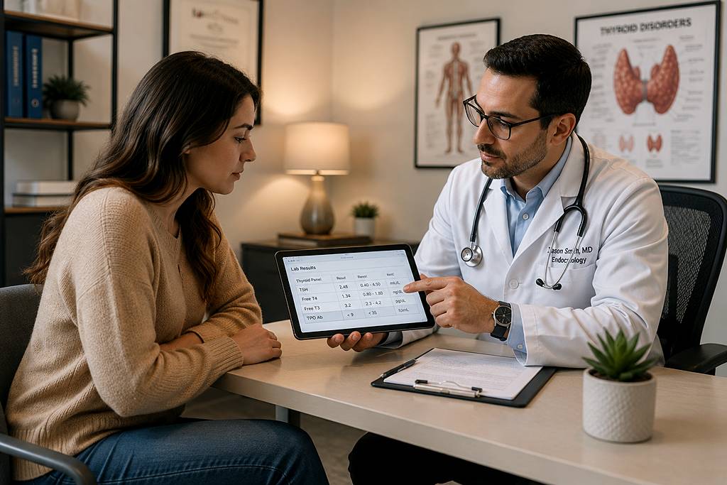 A patient in a clinic consultation, reviewing lab results on a tablet with a physician, representing the monitoring and optimization process.