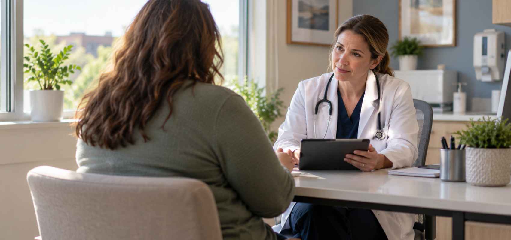 sitting across from a female physician