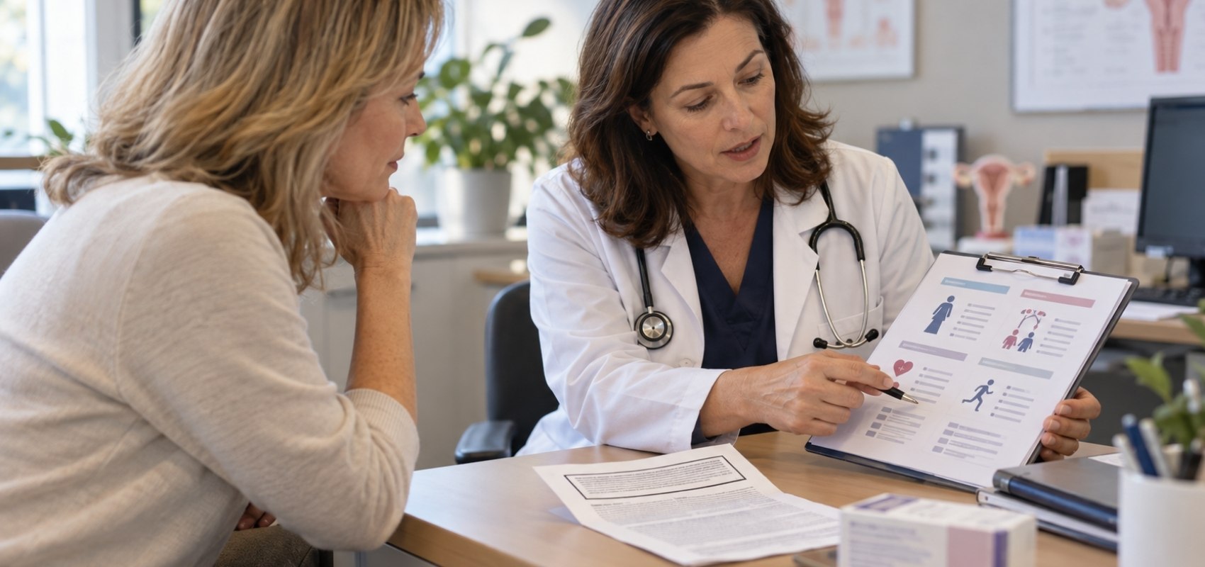 middle-aged American woman sitting with her physician